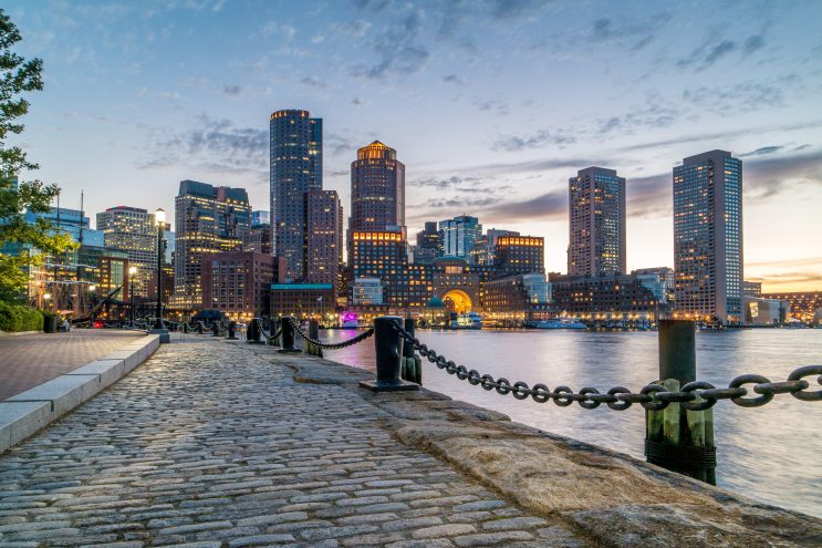 Boston Harbor and Financial District view from harbor on downtown, cityscape at sunset, Massachusetts, USA, horizontal